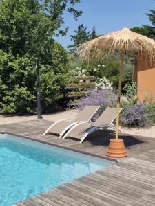un par de tumbonas bajo una sombrilla junto a una piscina en Le gîte du petit branché, en Mazan