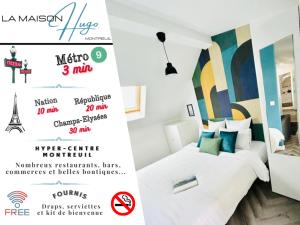 a poster for a hotel room with a bed and a sign at La Maison Hugo in Montreuil