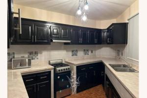 a kitchen with black cabinets and a stove at Viñedos y Peña - La Gladiola in Ezequiel Montes