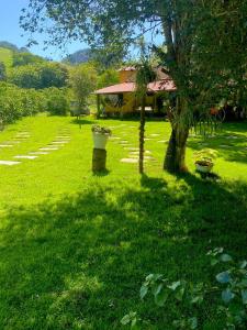 um jardim verde com uma árvore e uma casa em Chácara da Tuia em Estancia do Castello