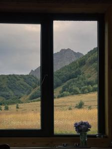 a window with a view of a field and mountains at Gagma chalets in Stepantsminda