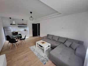 Sala de estar con sofá gris y mesa en Felix apartman Zajecar, en Zajecar