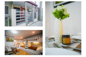 a collage of three pictures of a room with a vase of flowers at Kozy Haven - Wifi + AC in Butuan