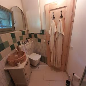 uma casa de banho com um WC, um lavatório e um chuveiro em Rapunzel trifft Dornröschen em Schweizermühle