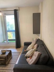 ein Wohnzimmer mit einer Couch mit Kissen darauf in der Unterkunft Studio au cœur de chatelguyon in Châtel-Guyon