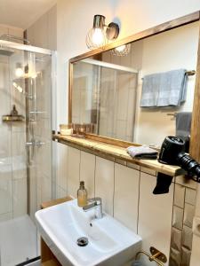 y baño con lavabo, espejo y ducha. en Zum Loderwinkl, en Sankt Englmar
