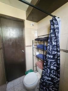 uma casa de banho com um WC e uma cortina de chuveiro em Departamento 2 Recamaras 1 Baño Cocina y sala em Matamoros