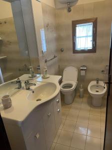 La salle de bains est pourvue d'un lavabo, de toilettes et d'un miroir. dans l'établissement Case vacanze Corrado 2, à La Capriola