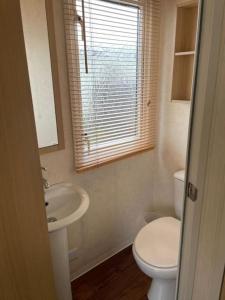 a bathroom with a white toilet and a sink at 8 berth pet friendly caravan Lyons Robin Hood in Meliden