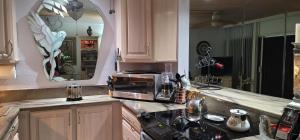 a kitchen with a sink and a mirror at Ocean, Beachfront OASIS in Waianae
