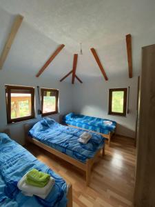 een kamer met 2 bedden en 2 ramen bij Shpija e Gjyshit Vuthaj in Gusinje