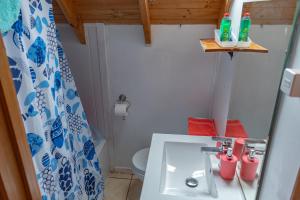 a small bathroom with a sink and a toilet at Cabañas Hostel Aquario Papudo in Papudo