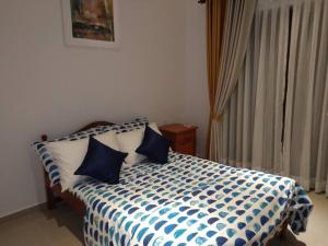 una camera da letto con un letto con cuscini blu e bianchi di 1F/F4/U4 ,Elixia 3C'S Apartments Malabe a Malabe