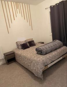 - une chambre avec un lit et un rideau noir dans l'établissement Appartement jolie Clichy, à Clichy-sous-Bois