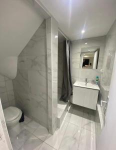La salle de bains blanche est pourvue de toilettes et d'un lavabo. dans l'établissement Appartement jolie Clichy, à Clichy-sous-Bois