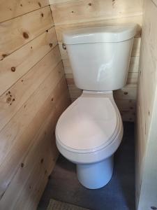 a bathroom with a white toilet in a wooden wall at Tiny Home By The Beach in Blaine