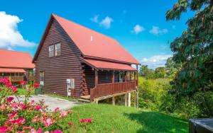 a log cabin with a red roof at Heavenly Haze Hideaway in Sevierville