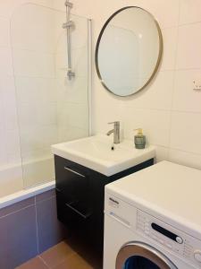 a bathroom with a sink and a washing machine at Maison à 5 minutes de Paris et idéal Disneyland in Montreuil