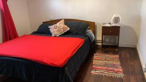 a bedroom with a bed with a red blanket and a rug at Hostal del Prado in Temuco