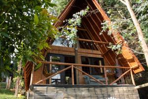 a tree house with a large window in the middle at Glamping con jacuzzi cerca a Medellin in Guarne