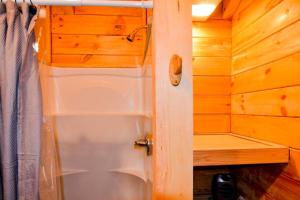 a small shower in a wooden bathroom with a door at Foxtail Orchards - The Iron Horse in Tazewell