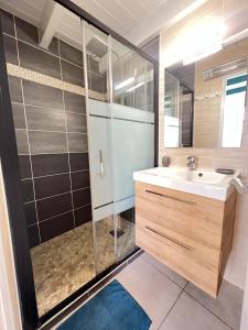 ein Bad mit einem Waschbecken und einer Dusche in der Unterkunft Le Phare du Bout du Monde - Logement proche du port in La Flotte
