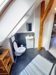 a bathroom with a toilet and a sink at Gemütliche Wohnung in Burg in Burg bei Magdeburg