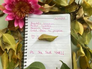 a notebook with writing on it next to a flower at Linger a While Chalet on Gallery Walk with Spa, Fireplace, WiFi & Netflix in Mount Tamborine