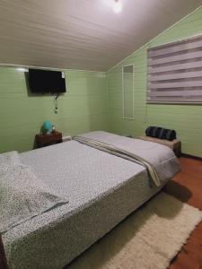a bedroom with a bed and a flat screen tv at HOSTAL PARADISE BLUE OSORNO in Osorno