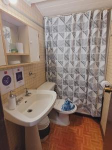 a bathroom with a sink and a toilet and a shower curtain at HOSTAL PARADISE BLUE OSORNO in Osorno