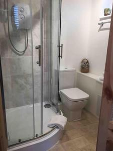 a bathroom with a toilet and a glass shower at Bournemouth Cosy Retreat in Bournemouth