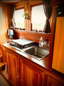 cocina con fregadero y fogones y 2 ventanas en Magnifique péniche remorqueur à louer, en Évran