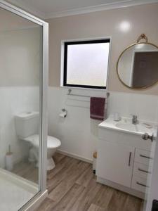 a bathroom with a toilet and a sink and a shower at Benn Rd Cottage in Cambridge