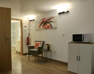a living room with a chair and a microwave at Plátanos & River Apartments by Lethes Legacy in Ponte de Lima
