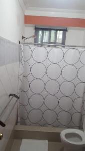 La salle de bains est pourvue d'une douche et de toilettes blanches. dans l'établissement Residencial Las Palmeras de Willy Boca Chica, à Boca Chica