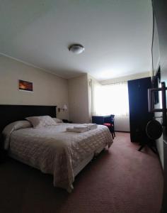 a bedroom with a bed and a window at Hotel Victoria in Comodoro Rivadavia