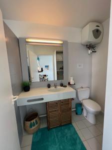 une salle de bain avec un lavabo, des toilettes et un miroir dans l'établissement Magnifique logement vue mer!, à Saint-François