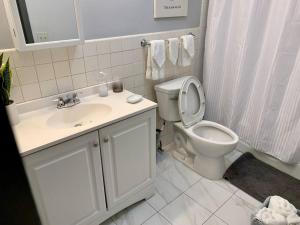een witte badkamer met een toilet en een wastafel bij Explore North Side Chicago from Modern Studio APT in Chicago