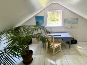 ein Zimmer mit einem Tisch und einer Topfpflanze im Dachgeschoss in der Unterkunft Ocean Park Beach Cottage in Ocean Park