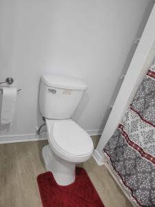 een badkamer met een toilet en een rood tapijt bij Sheena palace in Gatineau