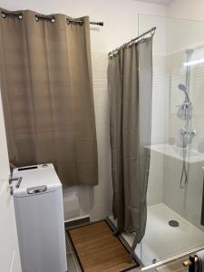 a bathroom with a shower curtain and a toilet at APPARTEMENT T3 COSY et PAISIBLE avec JARDIN à REMIRE-MONTJOLY in Rémiré