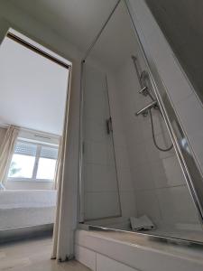 a shower in a bathroom with a window at Fuzei Hôtel Lorient-Lanester in Lanester