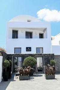 un edificio bianco con piante in vaso di fronte ad esso di Villa Eleana a Monolithos