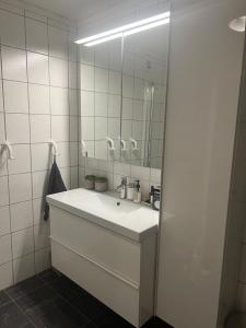 uma casa de banho com um lavatório e um espelho em Lykkja - Beautiful Waterfront House em Viggja