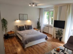 Schlafzimmer mit einem Bett und einem Flachbild-TV in der Unterkunft Apartament przy Stadionie Free Parking in Bolesławiec