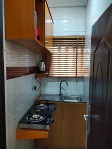 uma pequena cozinha com um fogão e um lavatório em Kemzie's Apartments em Port Harcourt