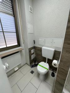 a bathroom with a toilet with a green lid at Neuwertiges Apartment mit schnellem WLAN, Glasfaser, Kostenlose Privatparkplatz auch für Transporter geeignet R2 in Freiberg am Neckar