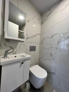 een badkamer met een toilet, een wastafel en een spiegel bij Lake & sea view 2 bedrooms apartment in Istanbul
