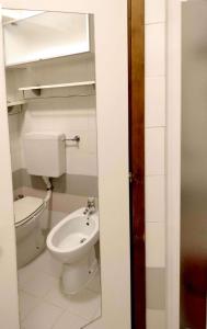 La salle de bains est pourvue de toilettes et d'un lavabo. dans l'établissement Appartamento di Giulio & Giorgia, à Predazzo
