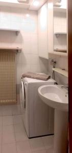 een badkamer met een wasmachine en een wastafel bij Appartamento di Giulio & Giorgia in Predazzo